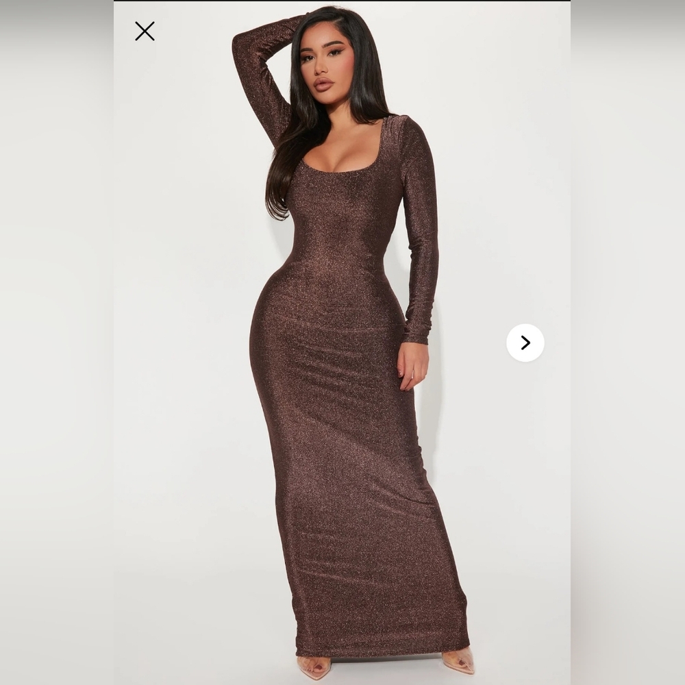 Elegant Metallic Brown Long Sleeve Maxi Dress - Mauve, Large